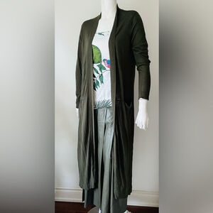Zara Khaki Cardigan green sweater duster maxi long